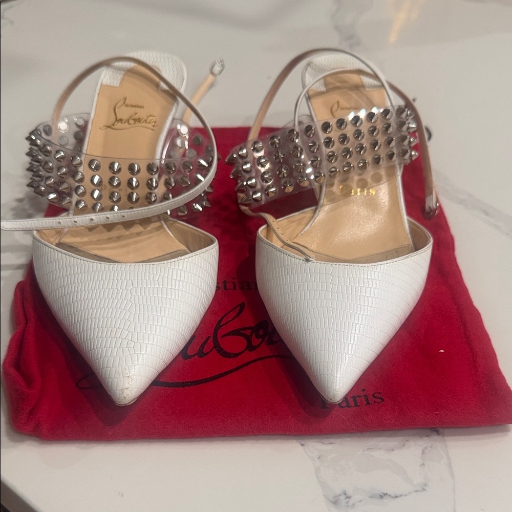 Christian Louboutin White and Silver Studded Heels - Picture 2 of 9